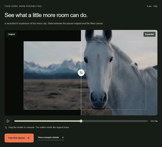 AI Video Expander showing a draggable original and expanded video comparison