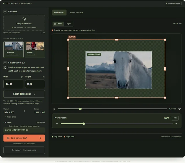 Custom video resizer with a 1500 by 900 canvas around a 1024 by 576 source