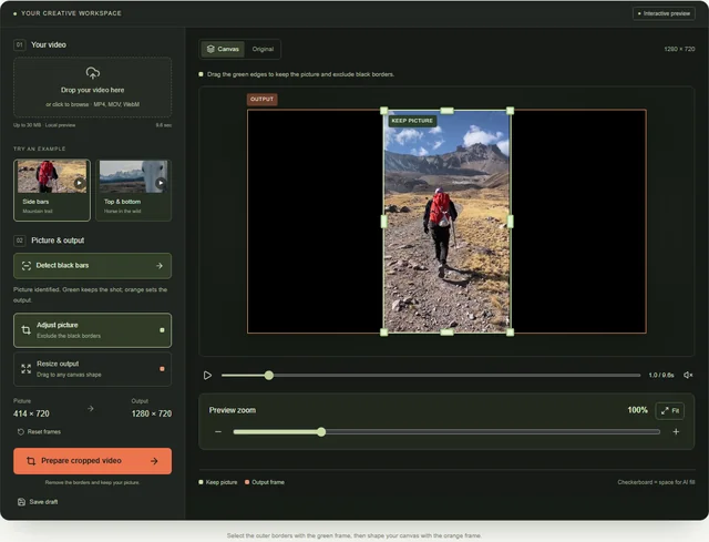 Black-border detector selecting the active portrait picture with a green frame