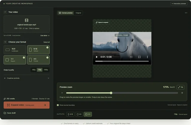 Square output selected alongside vertical and portrait social video formats
