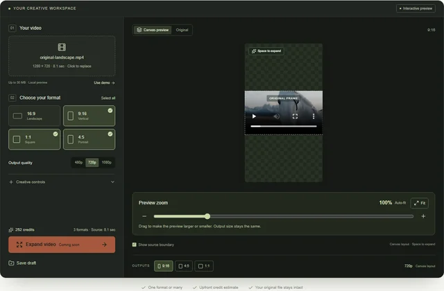 One landscape clip in the editor with 9:16, 4:5 and 1:1 selected