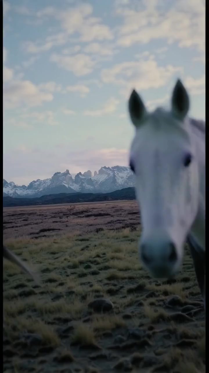 Landscape to portrait: a close-up horse: frame from the AI-expanded result